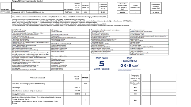 Ford Ranger Raptor N2G hinnasto 28.3.2023