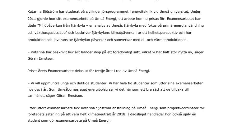 Umeå Energi prisar Årets Examensarbete 2011