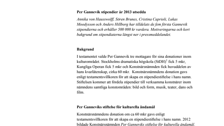 Per Gannevik stipendier år 2013 utsedda  