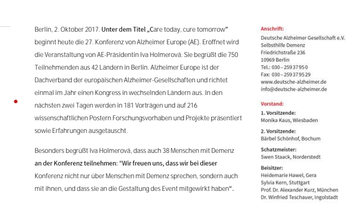 „Care today, cure tomorrow“ - 27. Konferenz von Alzheimer Europe in Berlin eröffnet 