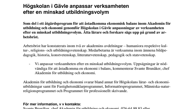 Högskolan i Gävle anpassar verksamheten efter en minskad utbildningsvolym
