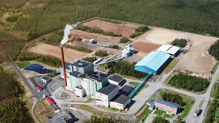 Här, i nära anslutning till Umeå Energis kraftvärmeverk, planeras den nya sorteringsanläggningen (i blått) för restprodukter att byggas. Om allt går enligt plan står den färdig i slutet av 2027.