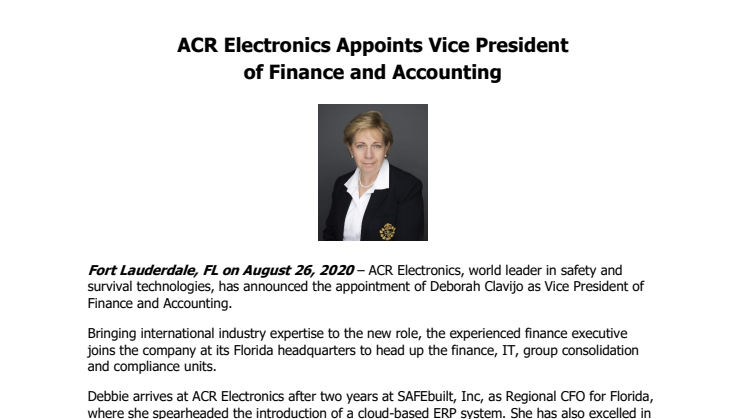 ACR Electronics Appoints Vice President of Finance and Accounting