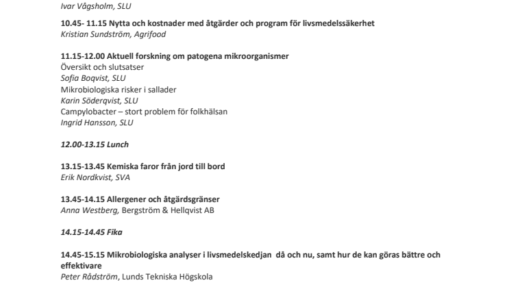 Program för Food Safety UppDate Ultuna i Uppsala 4 maj 2017