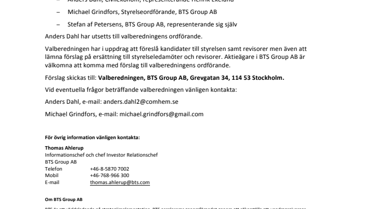 BTS Group AB utser valberedning