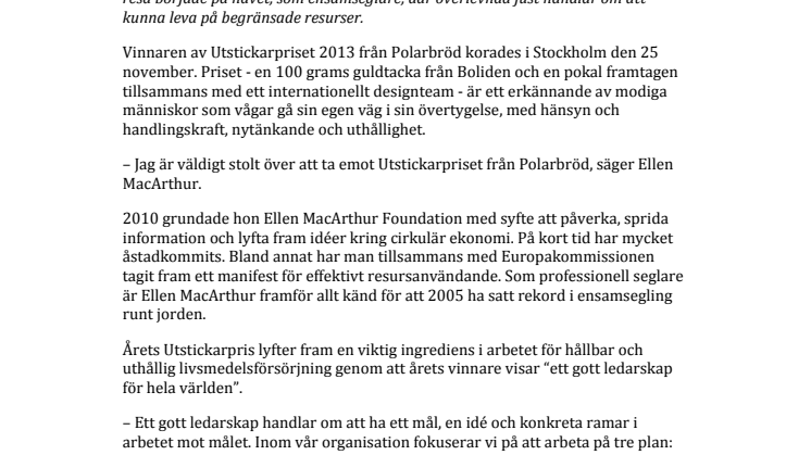 Vinnare av Polarbröds Utstickarpris 2013: Ellen MacArthur sätter kurs mot cirkulär ekonomi