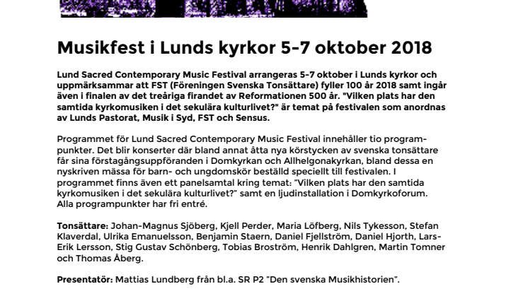 Musikfest i Lunds kyrkor 5-7 oktober