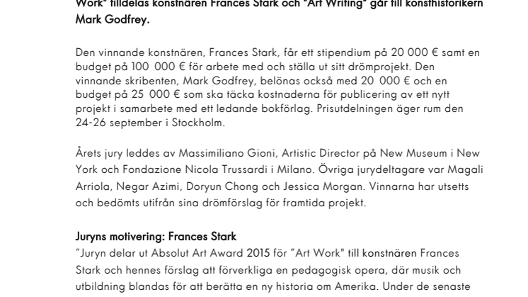 ​Frances Stark och Mark Godfrey vinner Absolut Art Award 2015