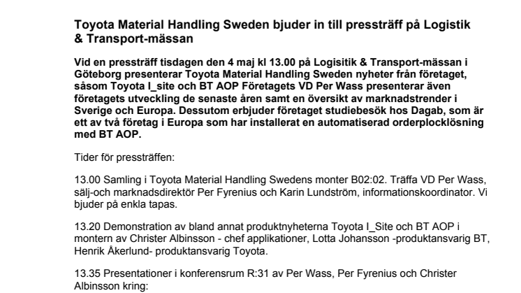 Toyota Material Handling Sweden bjuder in till pressträff på Logistik & Transport-mässan 