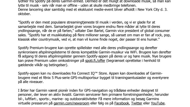 Garmin® lancerer samarbejde med Spotify:  Nu kan brugerne lytte til offline-playlister direkte fra håndleddet