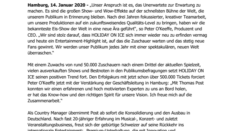HOLIDAY ON ICE konsolidiert Erfolgskurs mit profiliertem Showkonzept und neuem Country Manager