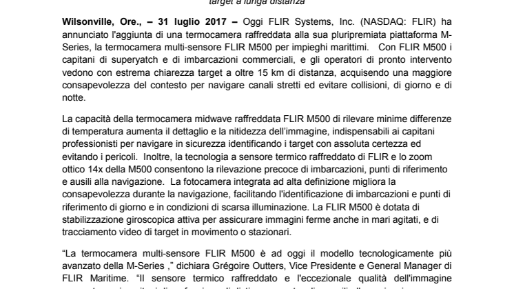 FLIR: FLIR presenta la termocamera multi-sensore ad alte prestazioni FLIR M500 per il settore marittimo