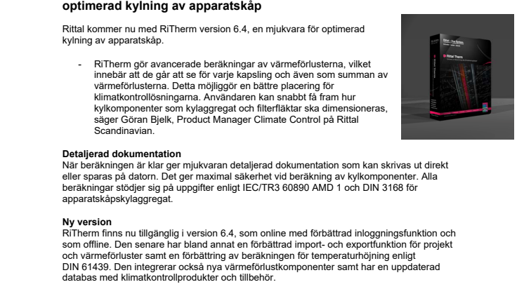 RiTherm 6.4 - uppdaterad mjukvara för optimerad kylning av apparatskåp