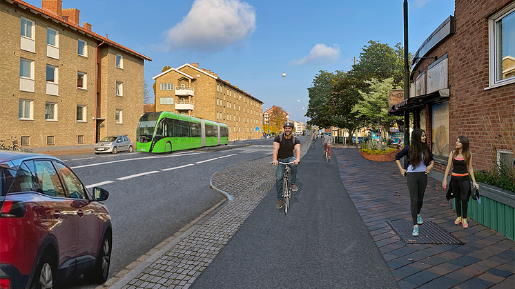 Mariedalsvägen i höjd med Kronborgsvägen, med ny dubbelriktad cykelbana i fokus. Visionsbild: Ramboll