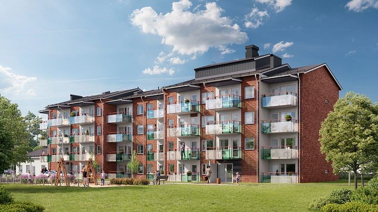 Tegelklädda fasader med balkonger och inslag av trä pryder år 2025 inflyttningsklara och klassiskt gestaltade lamellhus i Skelleftehamn. Bild: SBB Norden AB 