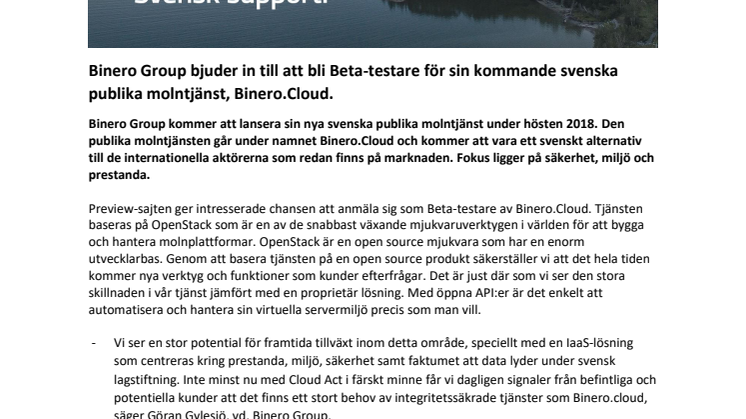 Binero Group bjuder in till att bli Beta-testare för sin kommande svenska publika molntjänst - Binero.Cloud.