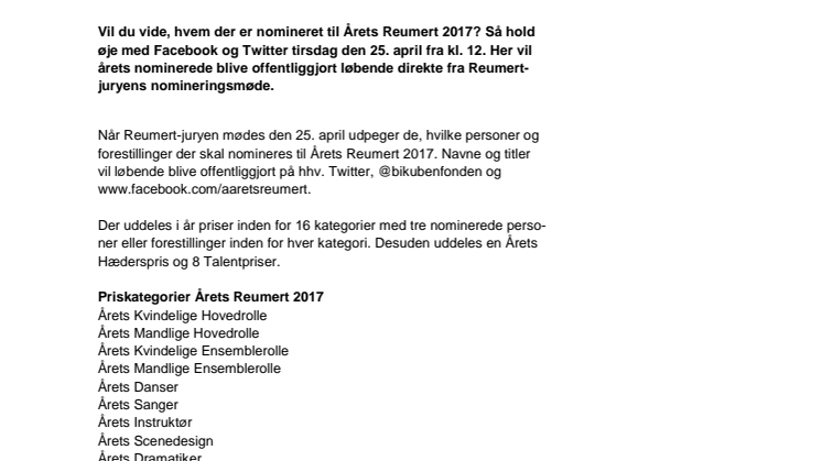 Offentliggørelse af Årets Reumert-nominerede 25. april