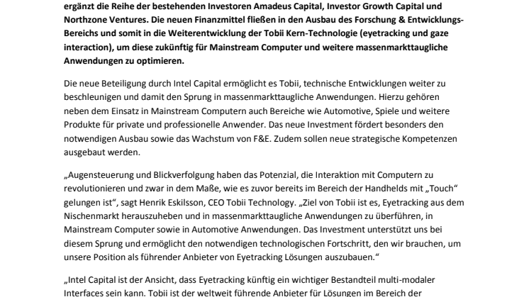 Tobii gewinnt weiteren Investor Intel Capital steigt mit ca 16 Mio Euro ein