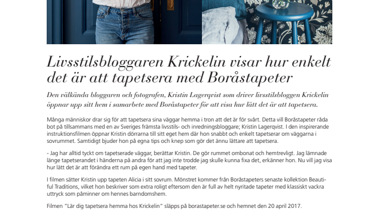 Livsstilsbloggaren Krickelin visar hur enkelt det är att tapetsera med Boråstapeter 