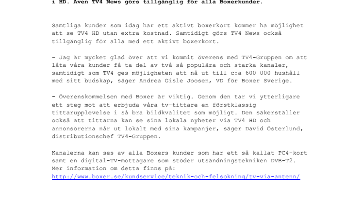 TV4 HD och TV4 News blir tillgängliga för alla Boxerkunder