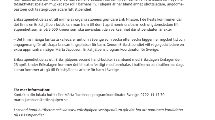 Nominera barn- och ungdomsledare till Eriksstipendiet