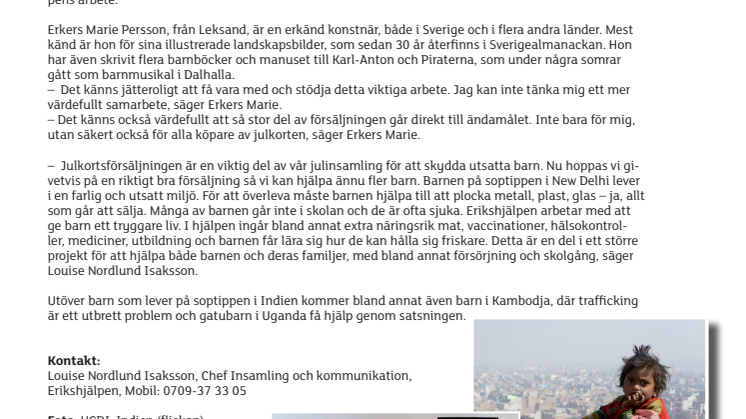 Konstnärinnan Erkers Marie Persson stödjer Erikshjälpens julsatsning genom specialutgåva av julkort