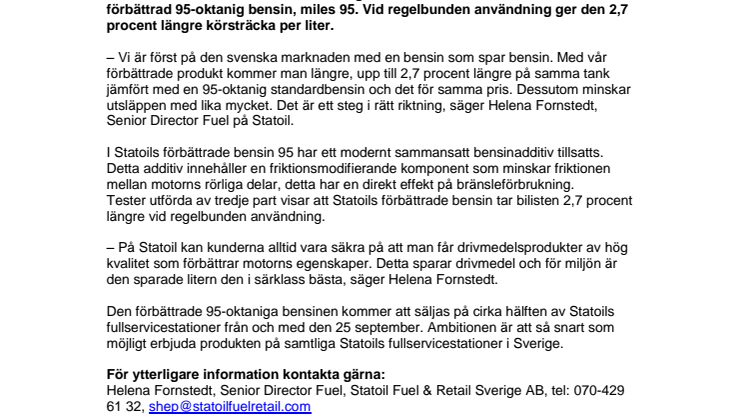 Statoil först på svenska marknaden med en bensin som spar bensin 