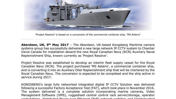 Kongsberg Maritime: KONGSBERG Completes Supply of Digital IP CCTV System for New Royal Canadian Fleet Supply Vessel