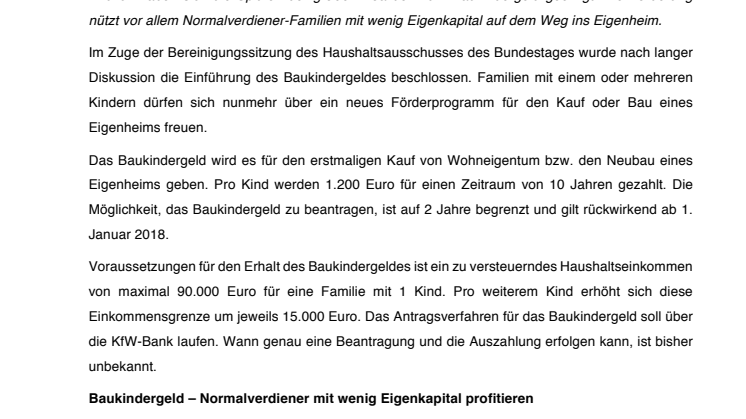 Fördermittel für das Eigenheim – Das Baukindergeld kommt