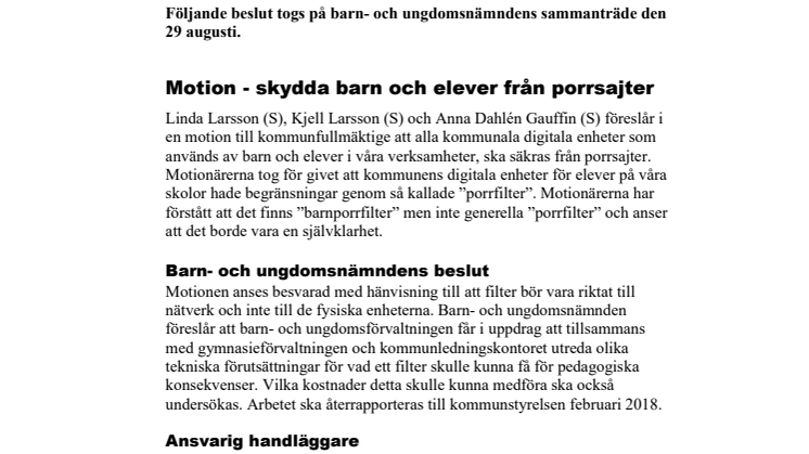 Kort från barn- och ungdomsnämnden 29 augusti