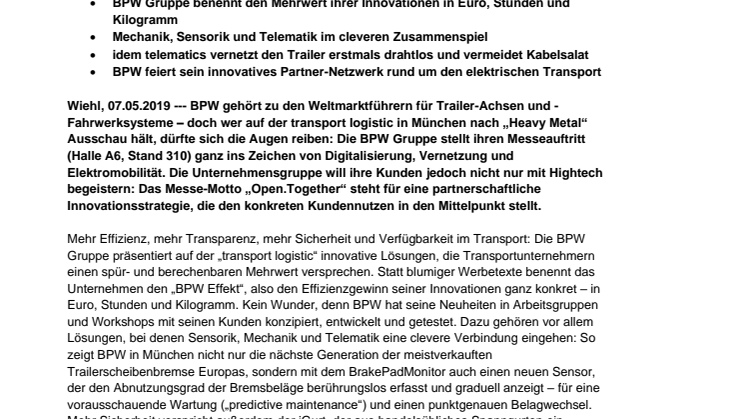 Open.Together: BPW Gruppe präsentiert sich auf der „transport logistic“ als Partner für Digitalisierung und Vernetzung 