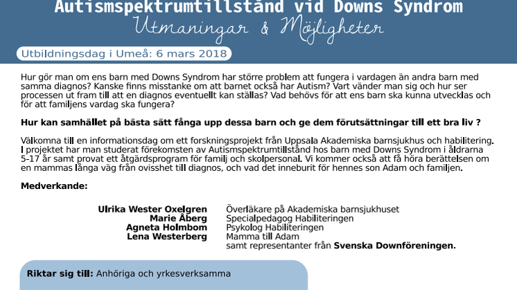 Informationsdag  i Umeå den 6 mars - "Autism vid Downs Syndrom"