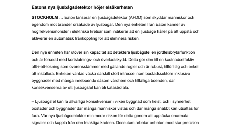 Eatons nya ljusbågsdetektor höjer elsäkerheten