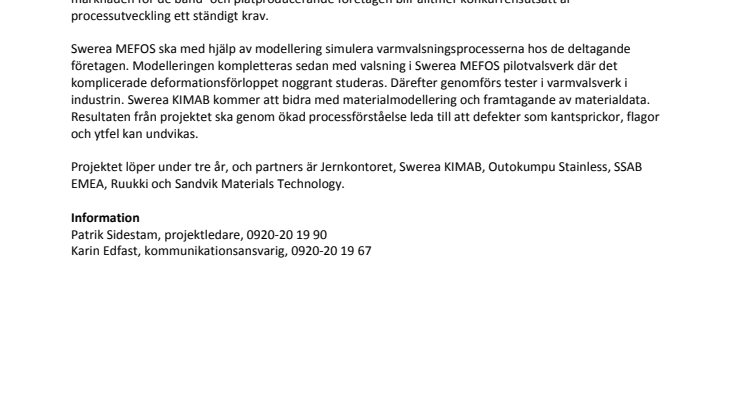 3,7 miljoner till projekt för förbättrad varmvalsning