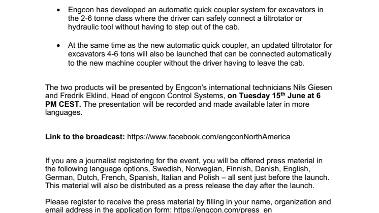 100621_Press_Press invitation- Engcon launches two new excavator products that streamline work, make excavators safer and increase comfort