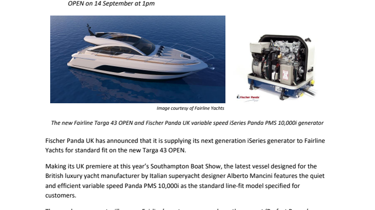Fischer Panda UK Generator Selected as Standard Fit for New Fairline Targa 43 OPEN