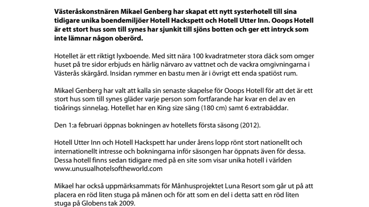 Ooops Hotell –  en lyxsvit på Mälaren i Genbergs unika hotellserie