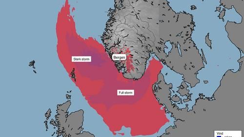 Varsler ekstremværet "Urd":  Mandag ettermiddag vil et stormsenter gi ekstreme værforhold på Vestlandet sør for Stad, og etterhvert Østafjellsi følge ​Meteorologisk institutt. Foto: MET.no