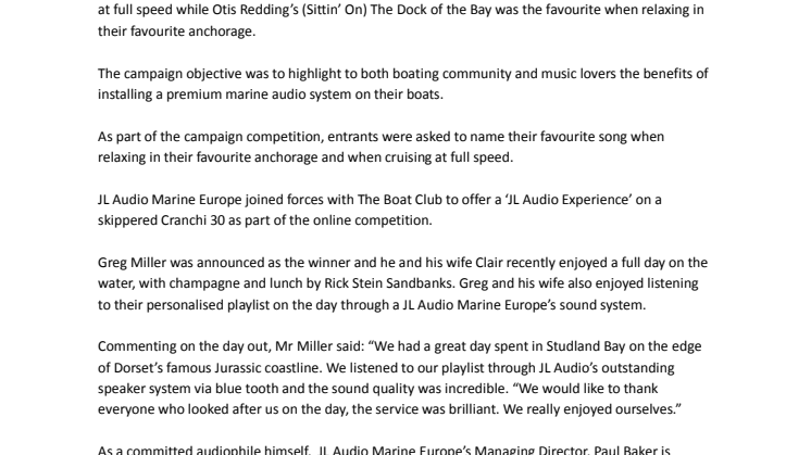 JL Audio Marine Europe: ‘Make Your Soundtrack Matter’ competition winner praises sound quality