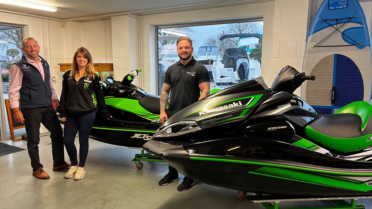Bates Wharf Chertsey Showroom from left to right: Richard Bates & Kelly Barker of Bates Wharf & Jake Harvey of Kawasaki Watercraft UK