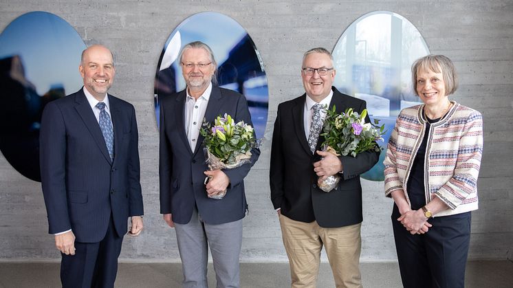 From left Mikael Hannus, Marcus Wallenberg Foundation, Herbert Sixta, Aalto university, Ilkka Kilpeläinen, University of Helsinki and Johanna Buchert, Marcus Wallenberg Foundation.