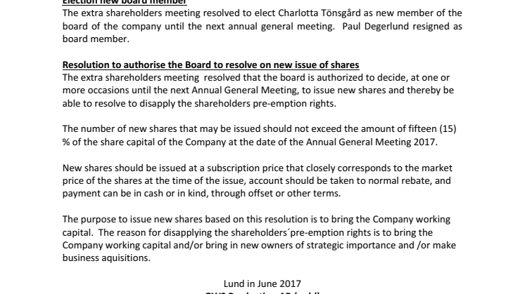 GWS Production AB Resolutions after Extra General Meeting 