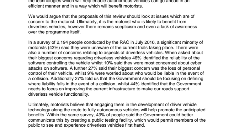 RAC response to the DfT advanced driver assistance systems and automated vehicle technologies consultation