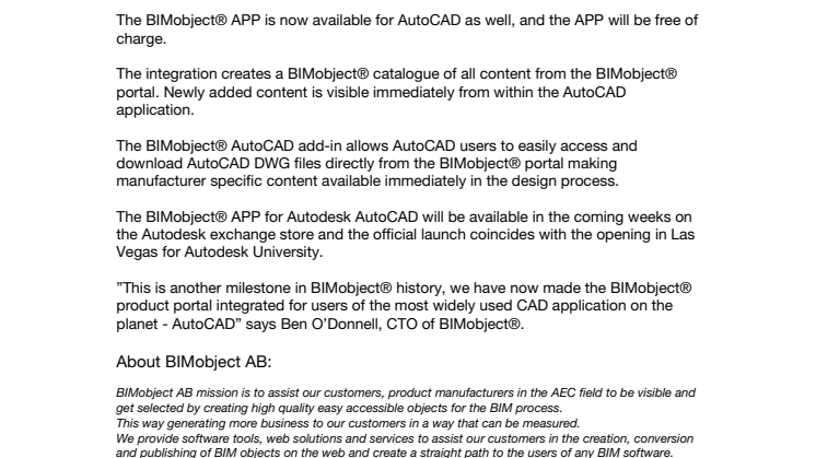 The BIMobject® APP for Autodesk AutoCAD