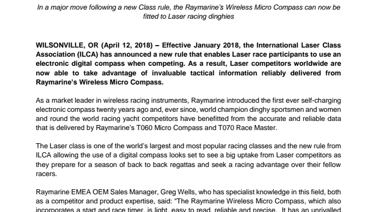 Laser Competitors to Benefit from Raymarine’s World-Class Micro Compass