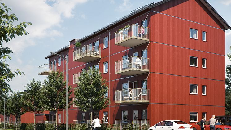 Illustration av balkongsida, BoKlok Orangeriet i Vänersborg. 