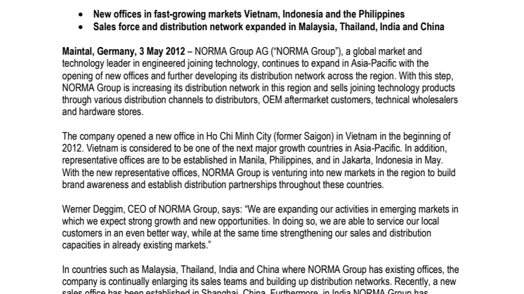 NORMA Group gearing up for growth in Asia-Pacific