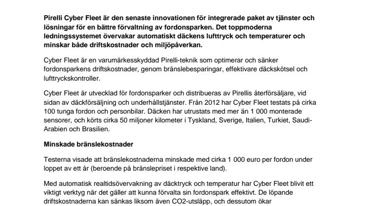 CYBER FLEET:  Ny Pirelliteknik minskar driftskostnader  och miljöpåverkan
