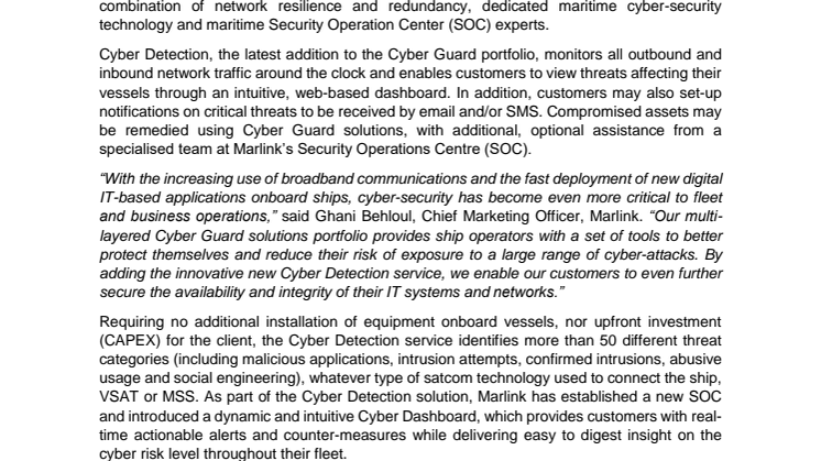Marlink launches unique real-time cyber threat detection solution at SMM 2018