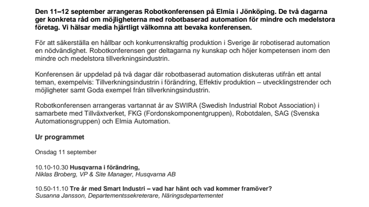 Påminnelse pressinbjudan: Robotkonferens för tillverkningsindustrins framtid